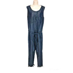 MORGAN CITY Womens Long Romper Jumpsuit Size L Blue Chambray 1/4 Button Up 168P